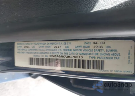 2003 Volkswagen Jetta Gls Tdi из США, поврежденный, VIN 3VWSP69M73M170013